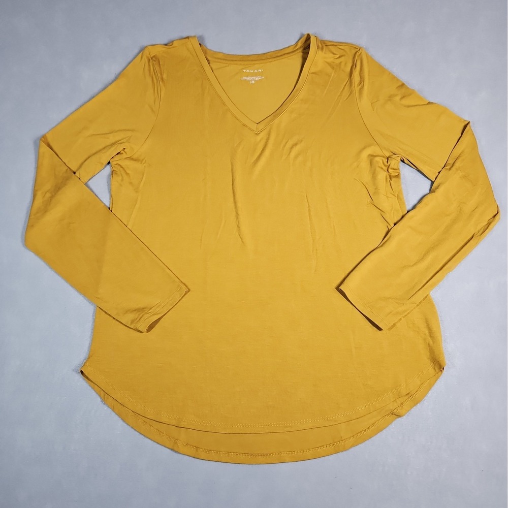 Tahari Womens Mustard Yellow V Neck Long Sleeve Modal Blend Top Size Large